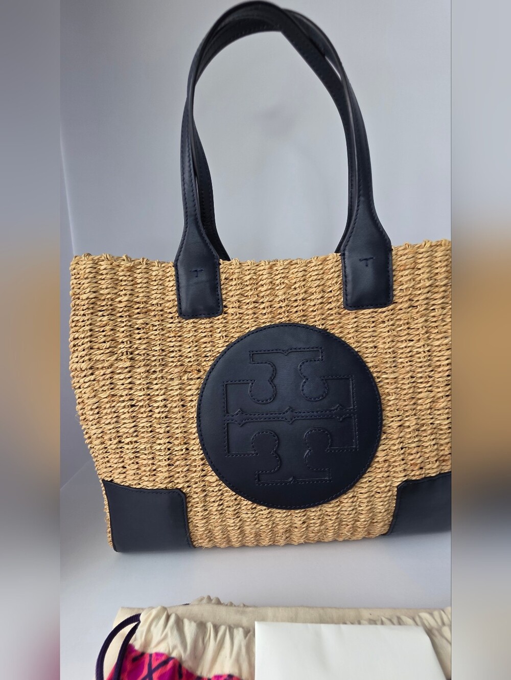 Tory Burch Ella Straw Tote | Natural Raffia & Navy Leather | Excellent - Picture 2 of 10